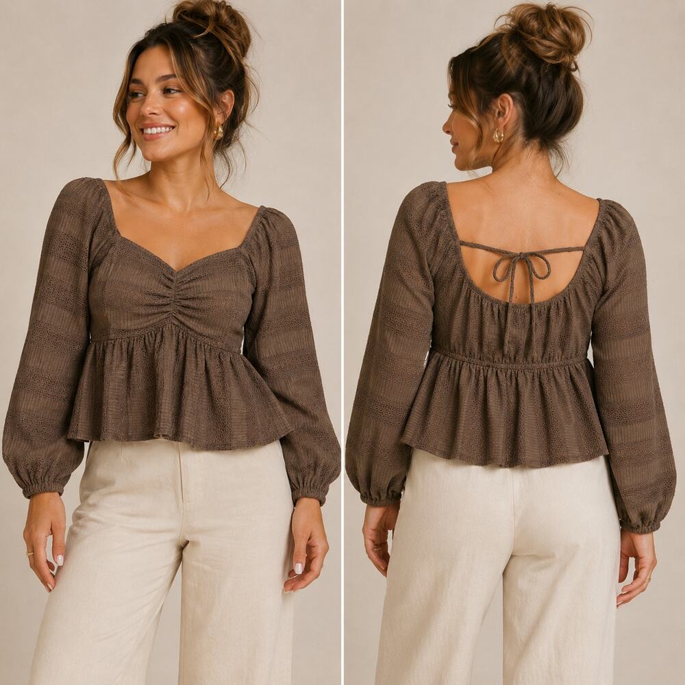 La Peche Womens M Brown Babydoll Peplum Top Tie Back Balloon Sleeve Boho Cottage